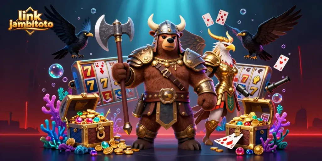 Engage with link jambitoto at a vibrant casino scene featuring dynamic characters and thrilling slot elements.