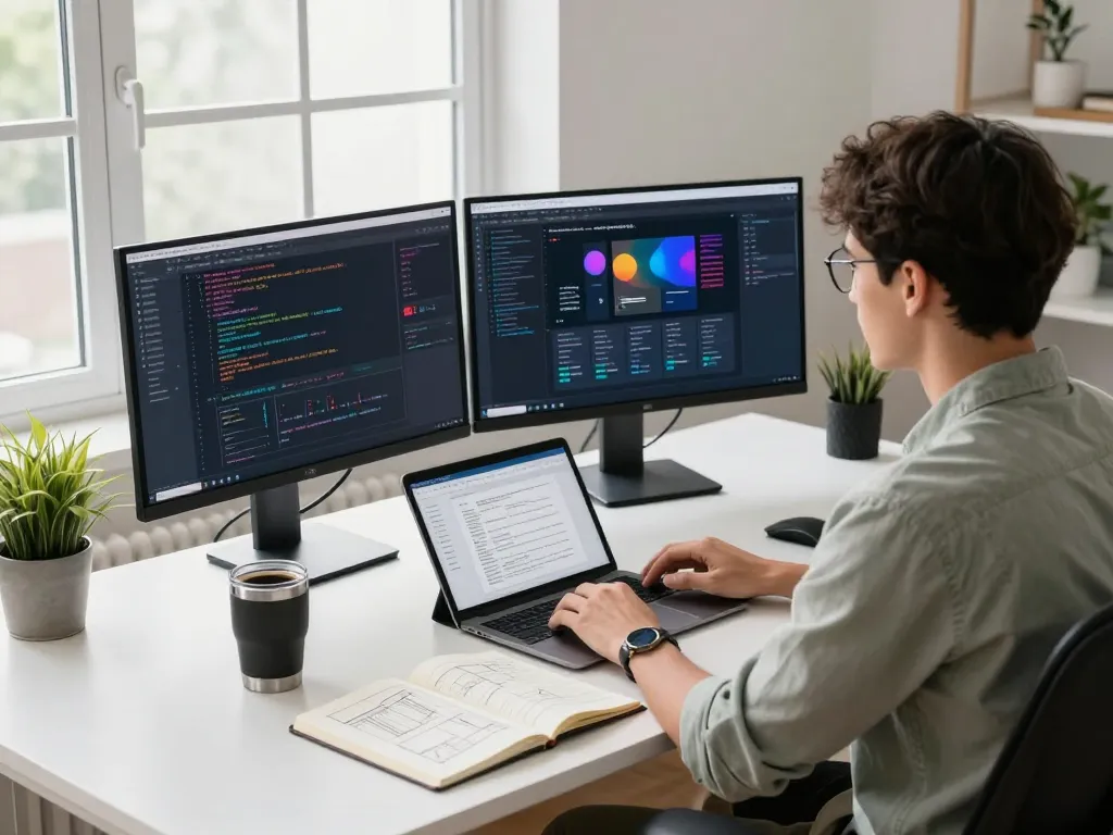 Developer using clawd bot at a modern workspace with dual monitors displaying code and technical documentation.