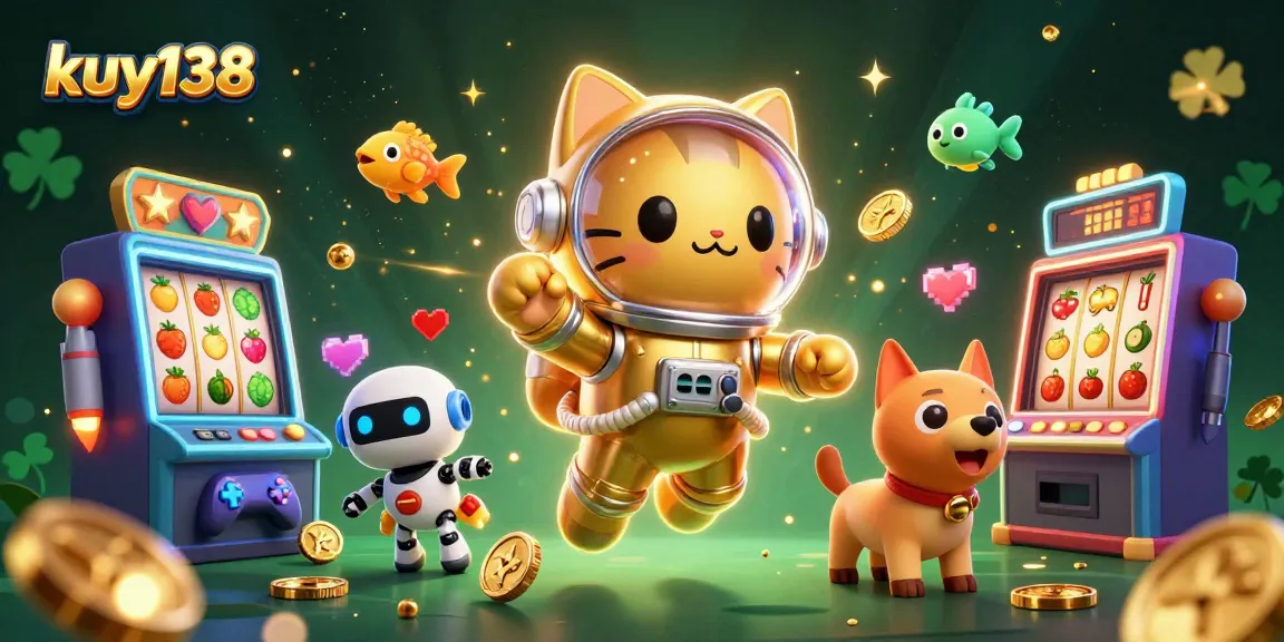 Menggulung gulungan slot kuy138 dengan kucing astronot dan anjing robot di latar belakang penuh stardust.