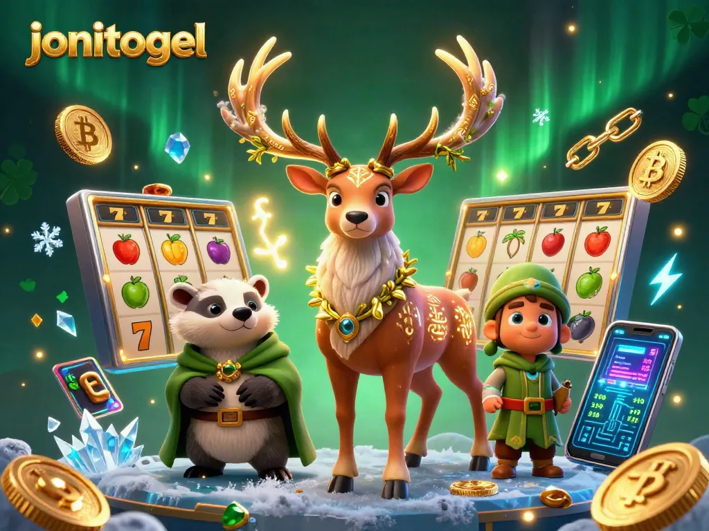 Join the jonitogel adventure with cartoon characters and vibrant casino elements celebrating big wins!