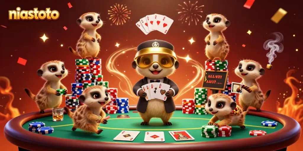 Menggambar suasana kasino dengan niastoto, koloni meerkat yang menjalankan operasi kasino penuh keseruan.