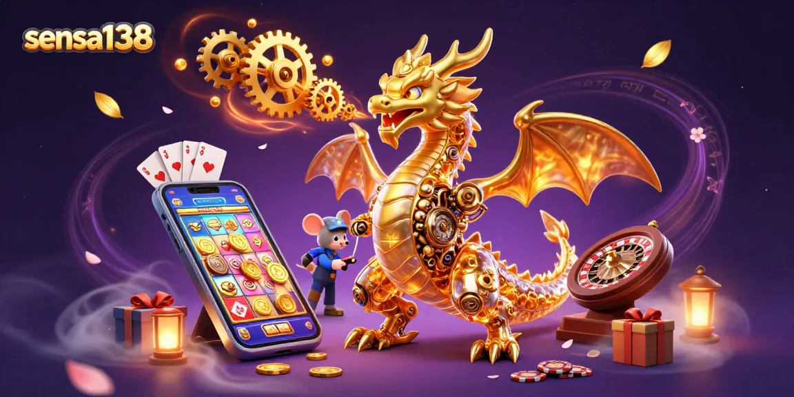 Sensa138 casino scene featuring a golden dragon breathing gears, surrounded by vibrant slot game elements