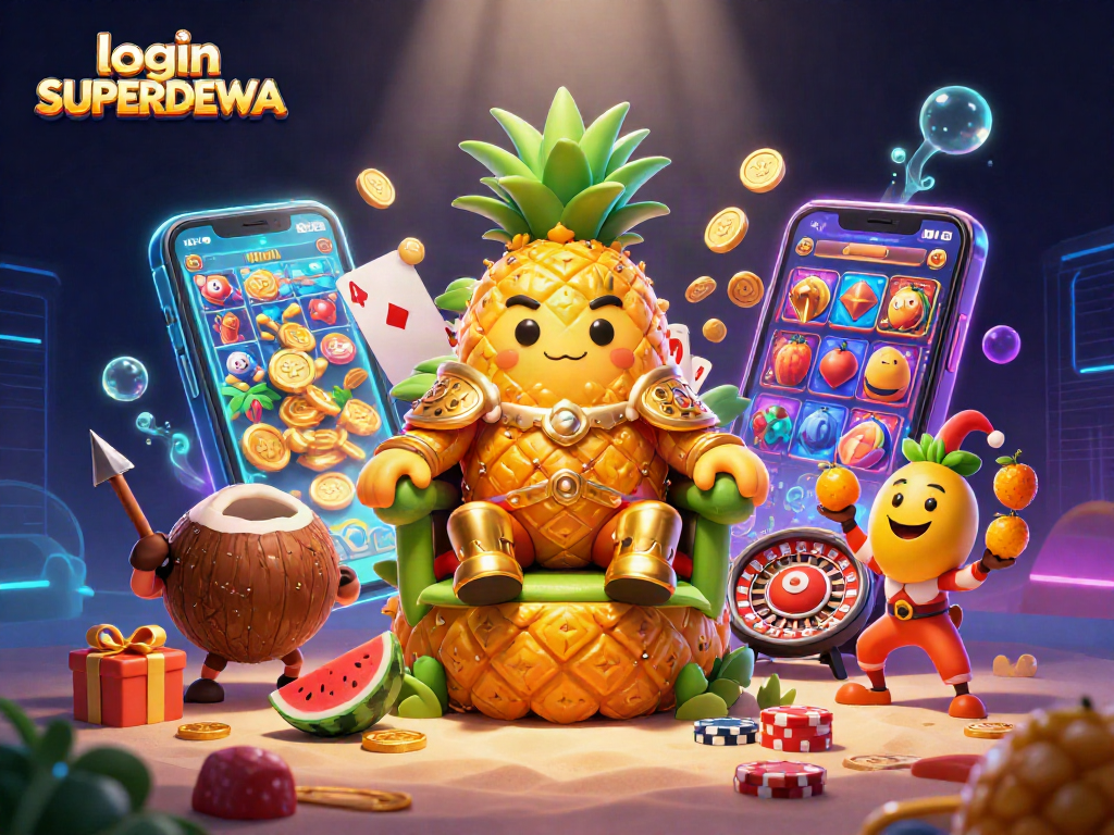 Engage in thrilling gameplay with login SUPERDEWA, featuring a vibrant 3D casino illustration.