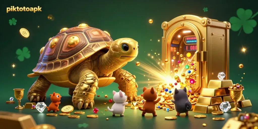 Experience thrilling gameplay with piktotoapk's colossal pinball tortoise among sparkling treasures and joyful creatures.