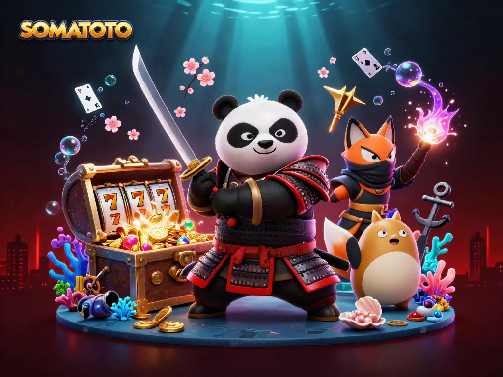 SOMATOTO features a samurai panda and ninja fox in an underwater casino adventure, surrounded by treasures and glow effects.