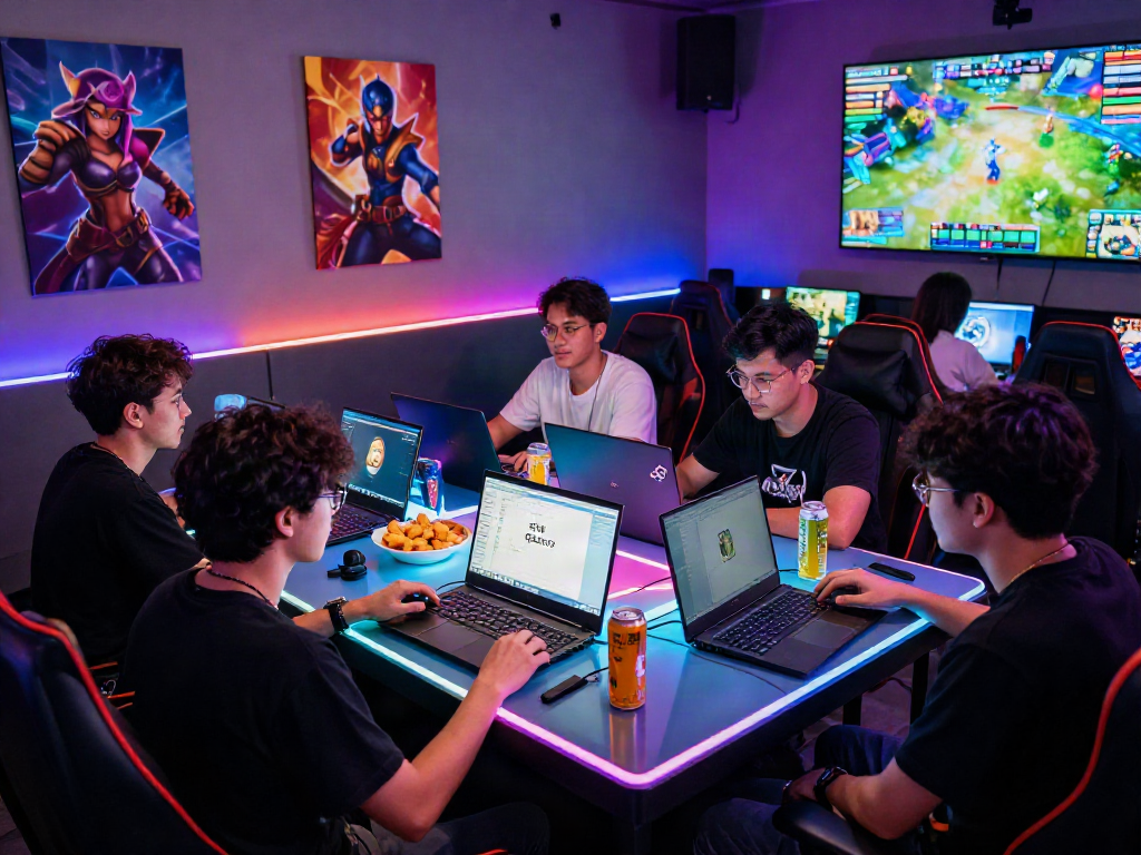 Group playing Slot Gacor MAHJONGJP88 in a vibrant gaming lounge with colorful LED lights.
