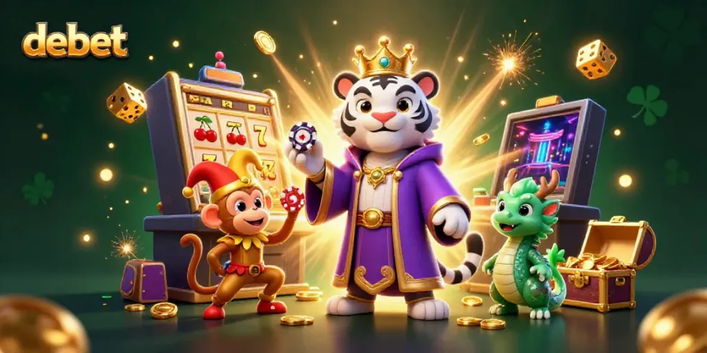 Experience debet's thrilling gaming atmosphere with a vibrant illustrated scene featuring a white tiger, monkey, and dragon.