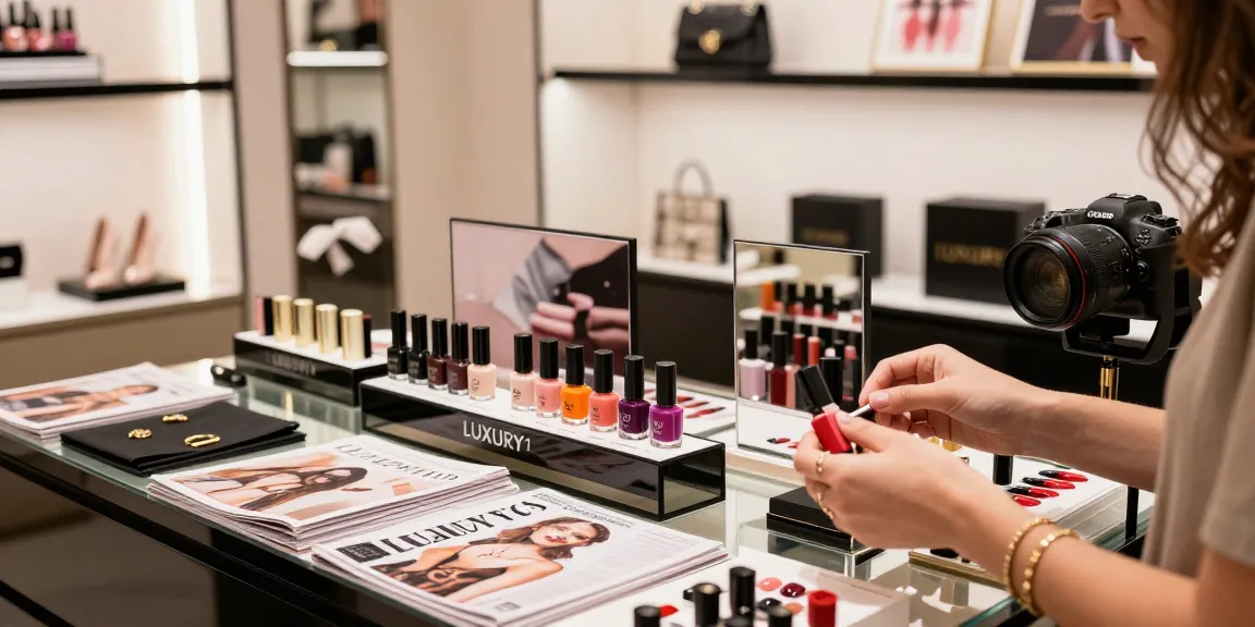 Pengunjung mencoba produk kuku LUXURY 12 di butik mewah dengan suasana elegan dan pencahayaan lembut.