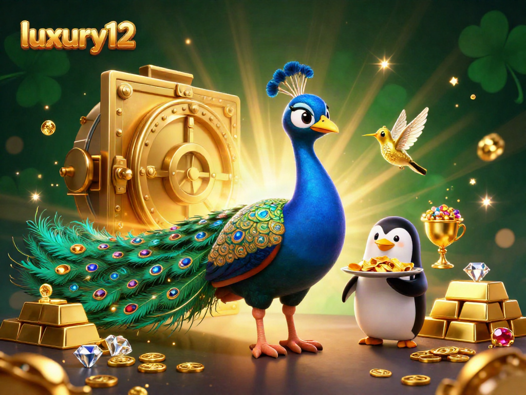 Bet on luxury12 with a 3D cartoon peacock in a vibrant casino treasure scene full of gold and jewels.