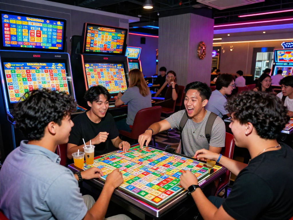 Aktivitas seru bermain Toto Macau 4D di lounge permainan dengan orang-orang bersenang-senang.