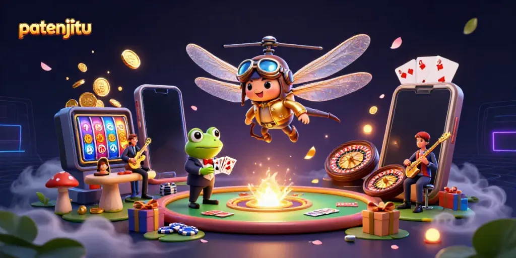 Patenjitu menghadirkan pengalaman kasino yang menarik dengan karakter kartun 3D, koin emas, dan permainan slot yang menjulang.