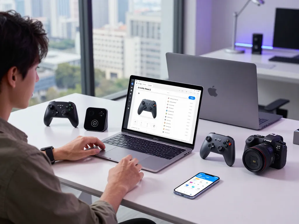 Review of innovative tech gadgets including Bluetooth controllers and key trackers in a modern workspace.