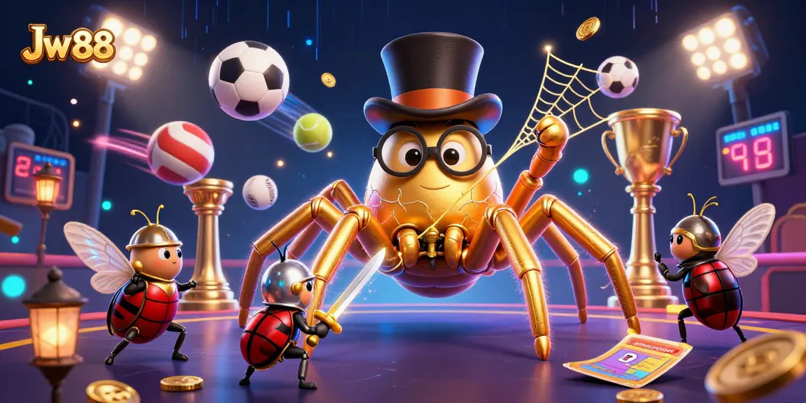 Engage in exciting Jw 88 casino action with an illustrated scene of golden tarantulas and beetles!