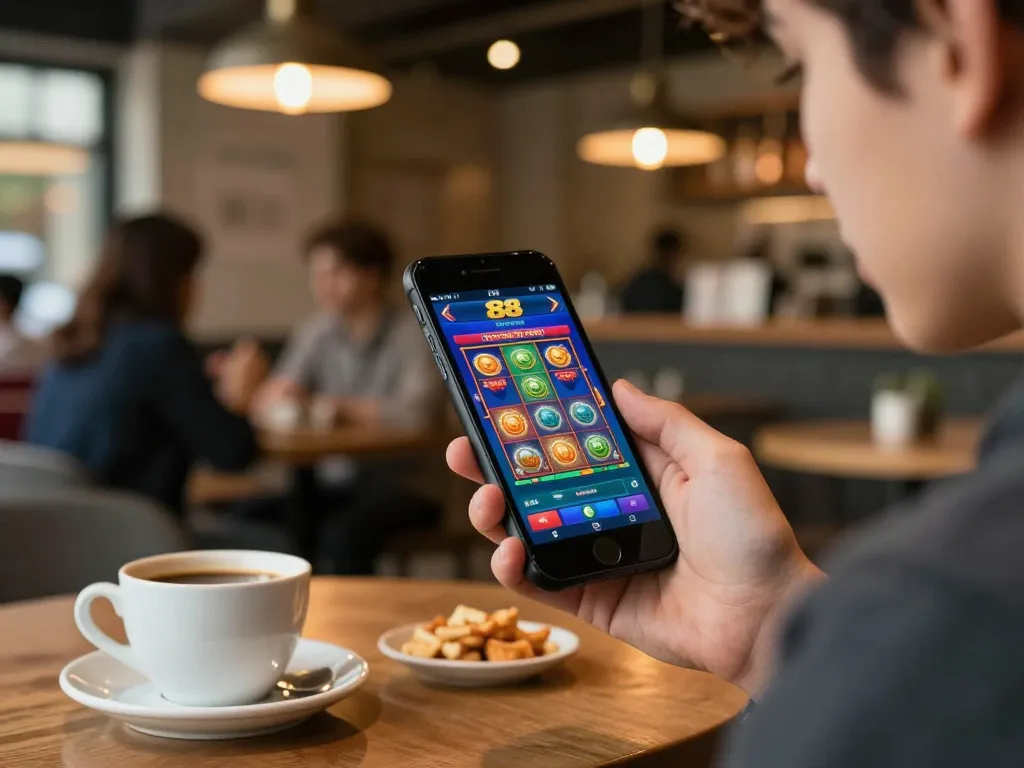 Engaging gameplay with slot88 apk on smartphone in a cozy cafe environment.