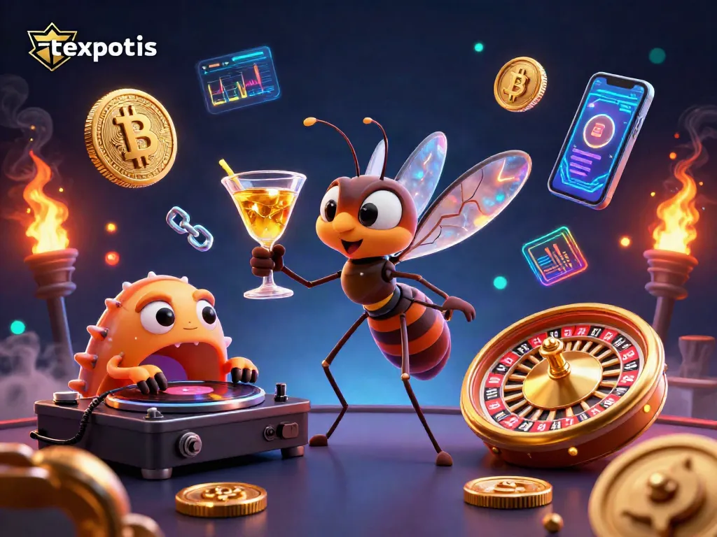 Engage with texpertis-themed casino art featuring a lively mosquito mascot and unique game elements.