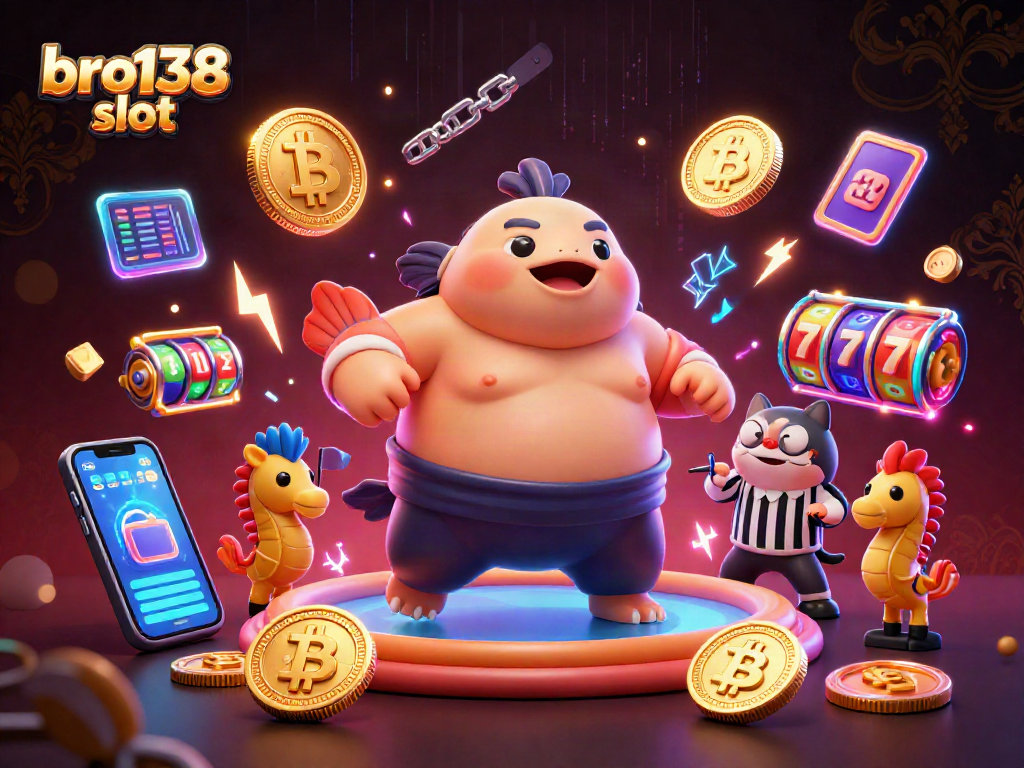 Spin and win in bro138 slot with vibrant fugu, catfish referee, and crypto coins.