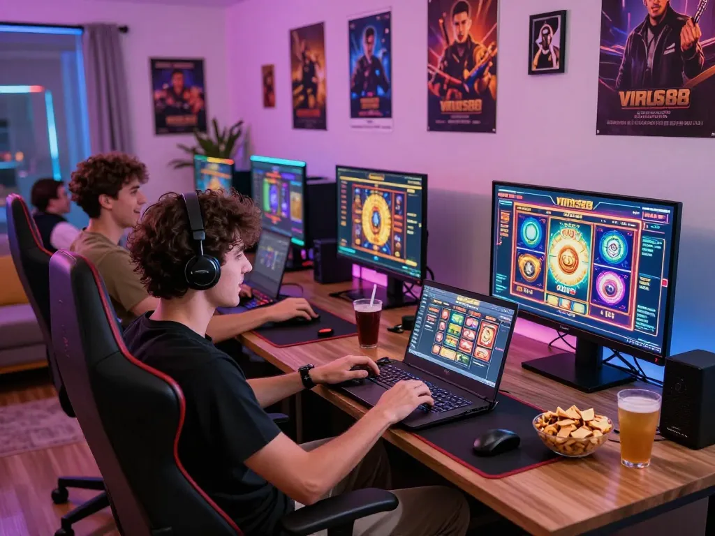 Pemain antusias terlibat dalam permainan slot virus88 yang mendebarkan di pengaturan permainan yang meriah.