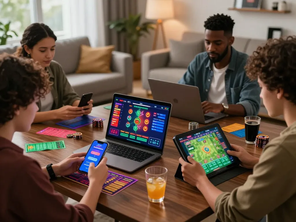 Friends enjoying online betting games with MM88 on various devices in a cozy living room.