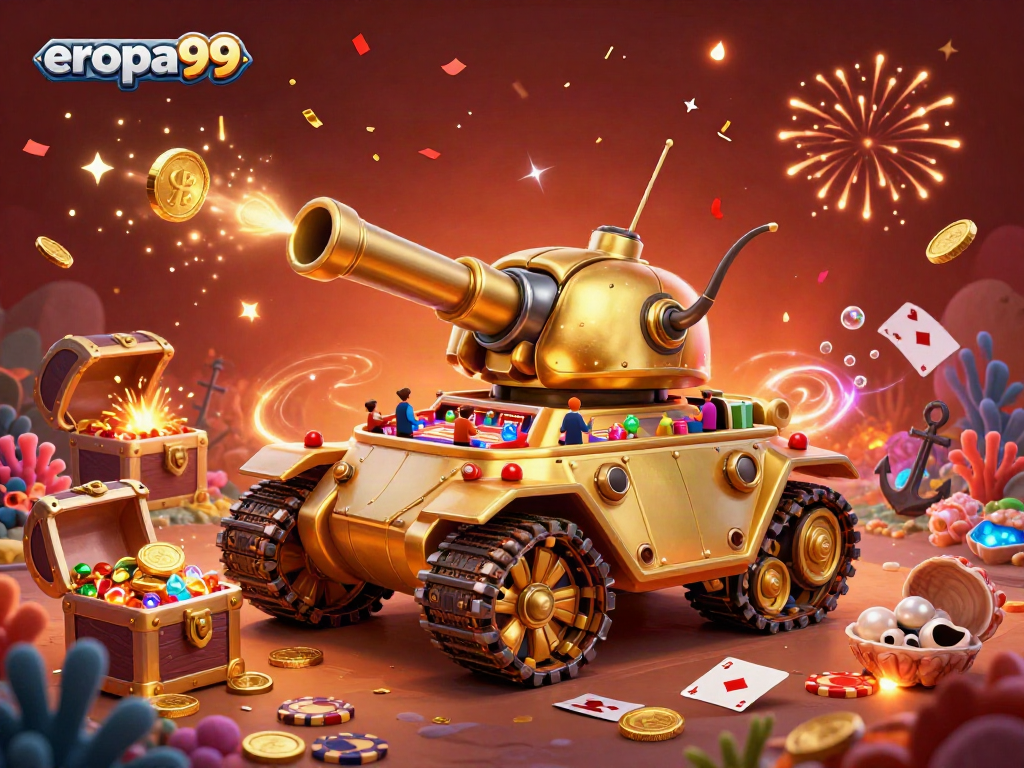Permainan menarik di eropa99 dengan tank kasino emas yang dikelilingi oleh harta karun dan efek kembang api meriah.