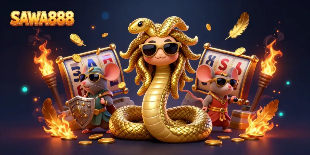 Engage with interactive slots at SAWA888 featuring a charming Medusa and a warrior mouse in vibrant scenes.