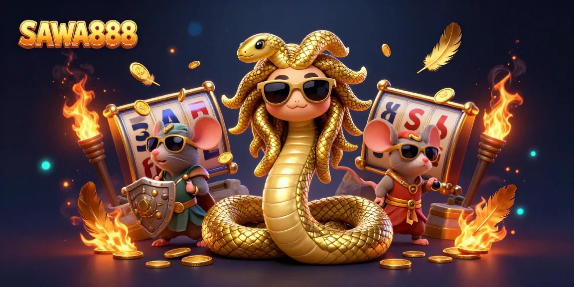Engage with interactive slots at SAWA888 featuring a charming Medusa and a warrior mouse in vibrant scenes.