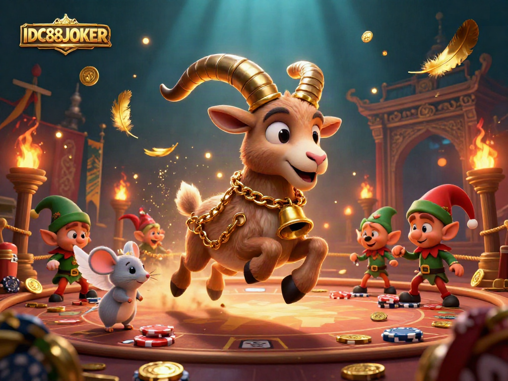 Experience IDC88JOKER's festive casino scene with Krampus and playful characters indulging in unique gameplay.