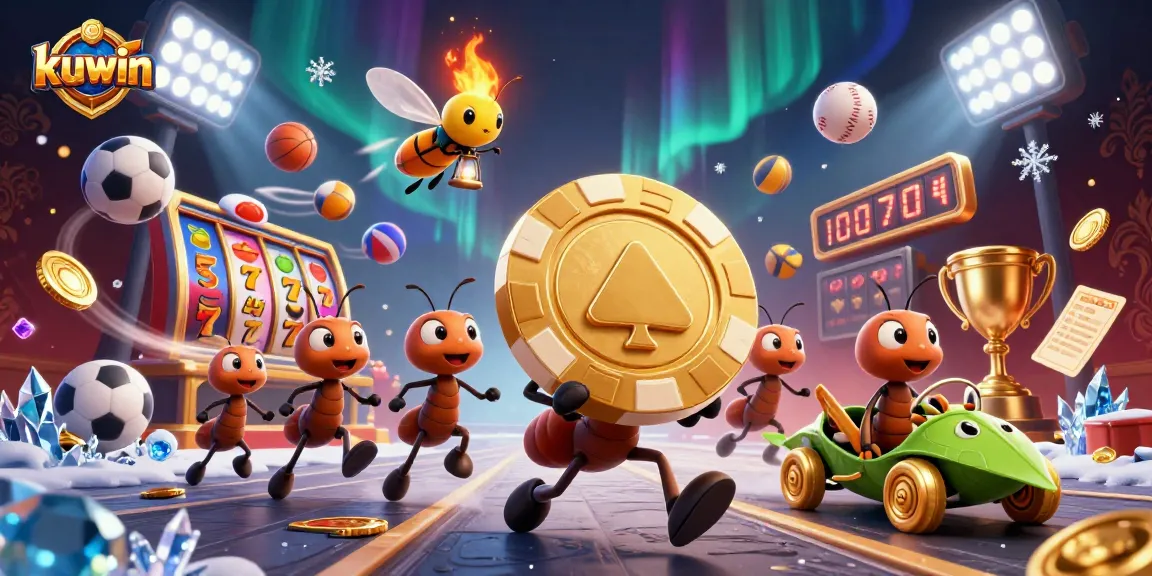 Kuwin showcases a team of ants executing a heist in a lively casino scene filled with vibrant game elements.