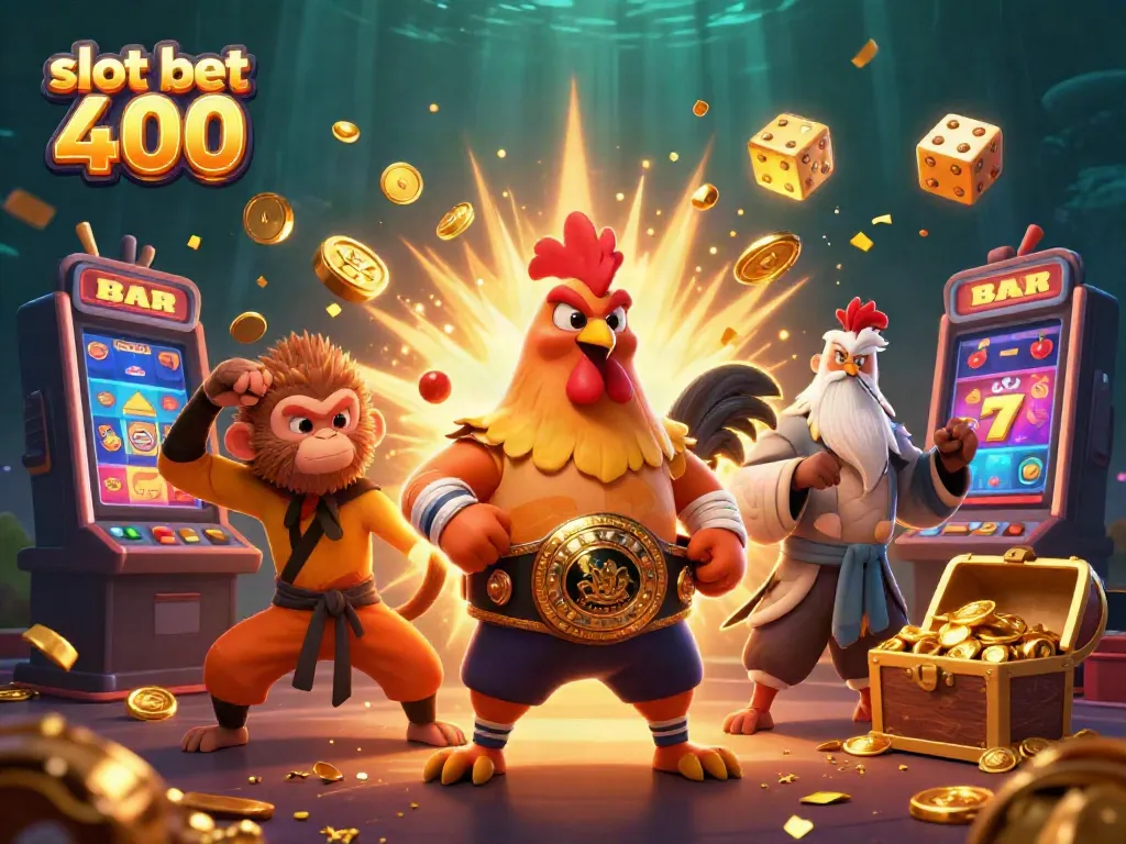 Bermain slot bet 400 dengan karakter unik seperti ayam jantan dan pahlawan kung fu di dunia kasino penuh koin.