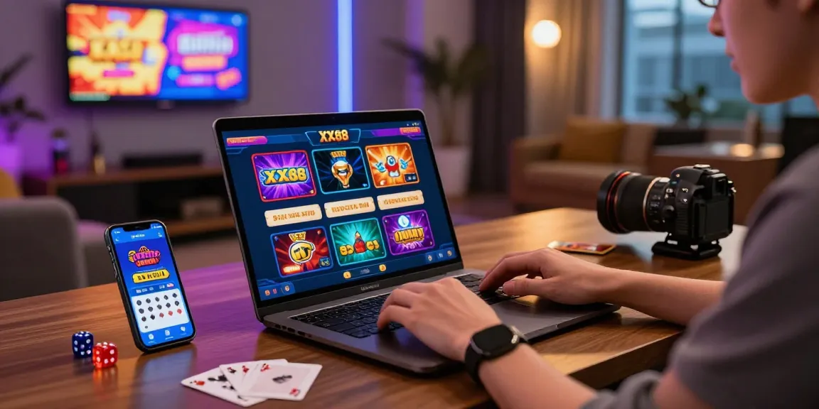 User enjoying online gambling on XX88 platform with gaming paraphernalia, showcasing Rr8i excitement in a modern setting.