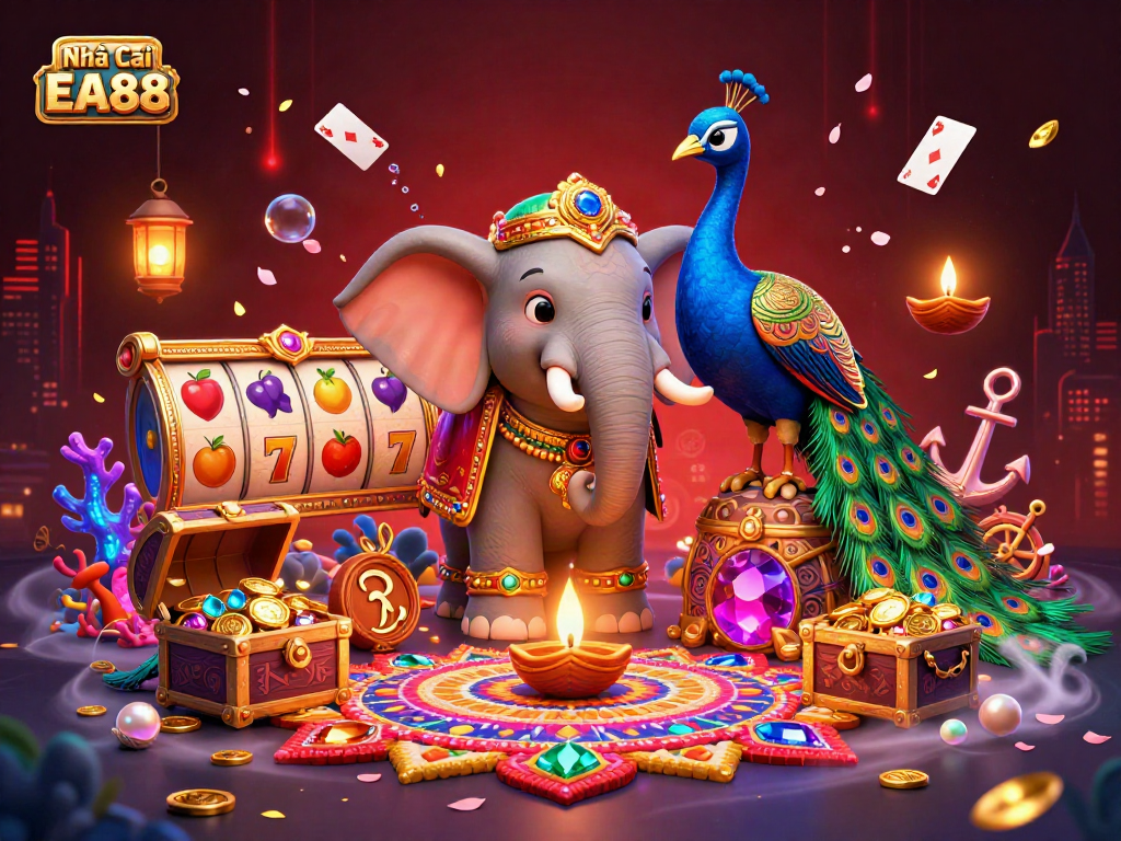 Experience the thrilling world of Nhà Cái EA88 with vibrant casino elements and dynamic gaming visuals.