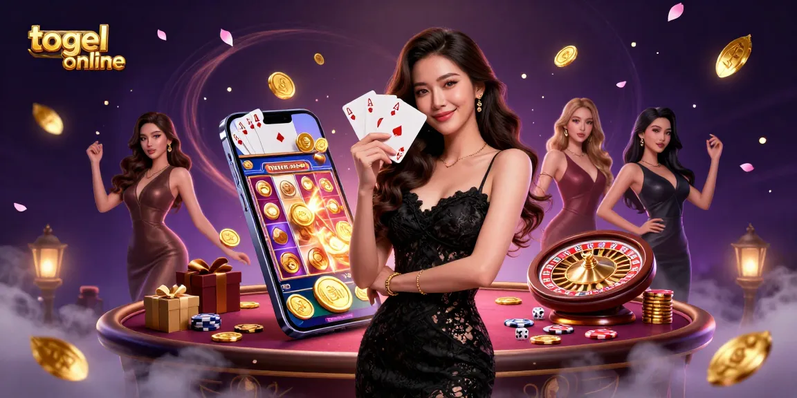 Win big with togel online as an elegant woman showcases ace cards amidst dazzling casino elements.