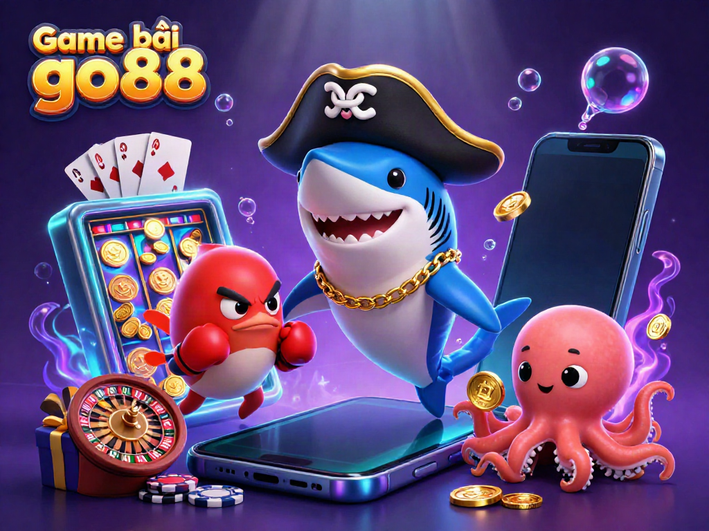 Experience thrilling action with Game bài go88 as the playful cartoon shark and friends celebrate game wins in a colorful casino.