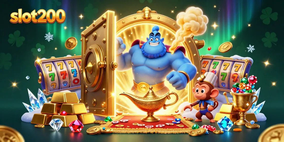 Slot200 menghadirkan jin dan simbol slot terbang dalam gambaran kasino yang spektakuler.