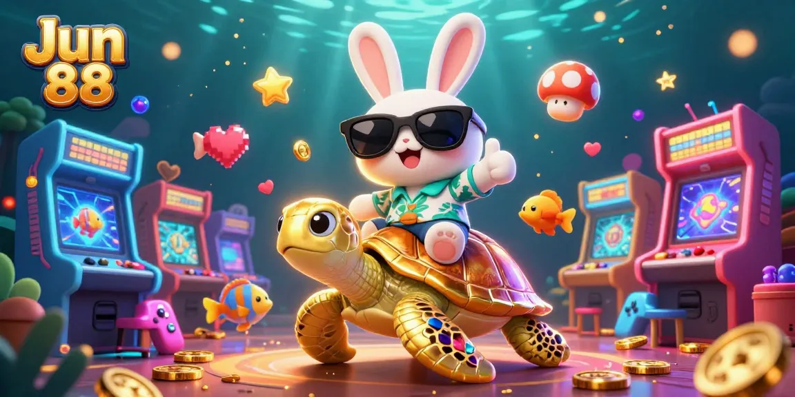 Engage with Jun 88's vibrant casino adventure featuring a lucky rabbit and golden sea turtle.