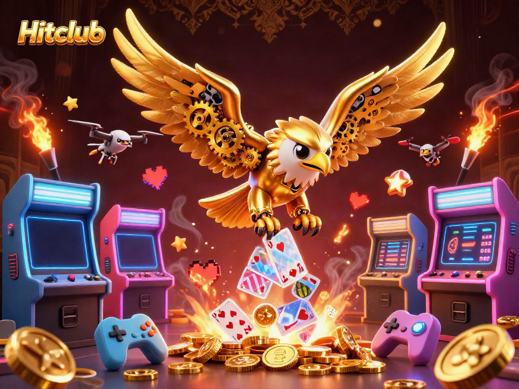 Experience the Hitclub excitement with a cybernetic eagle diving through holographic cards in this vibrant casino scene.