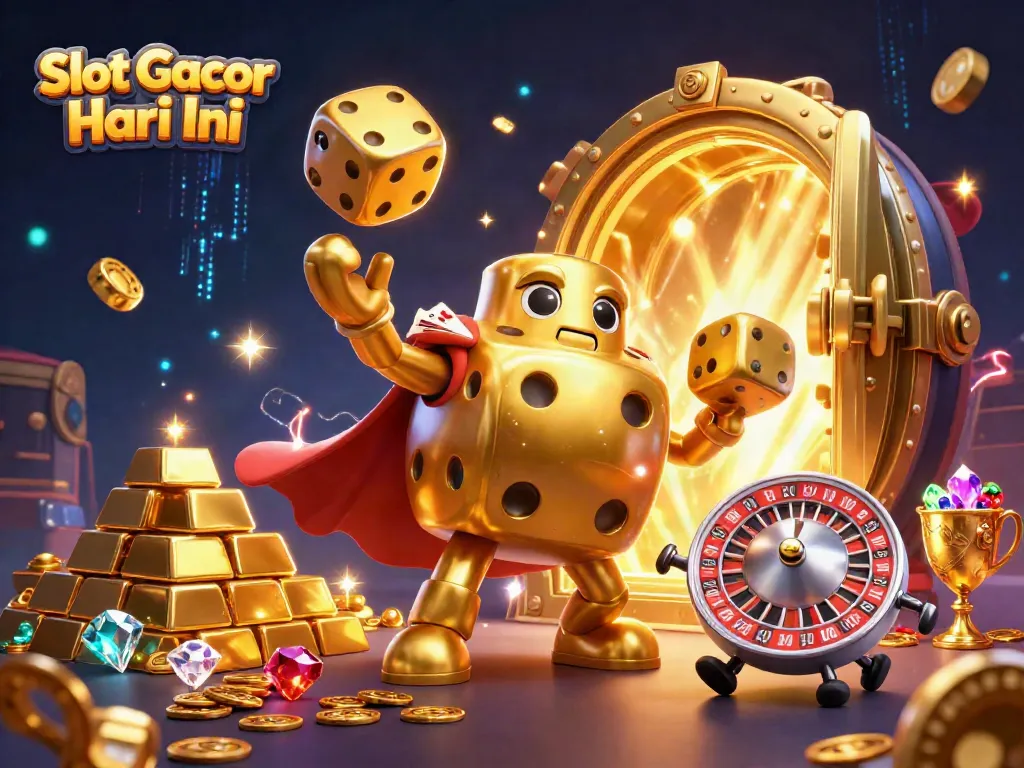 Putaran Slot Gacor Hari Ini dengan dadu emas dan harta berkilau untuk kesenangan penjudi.