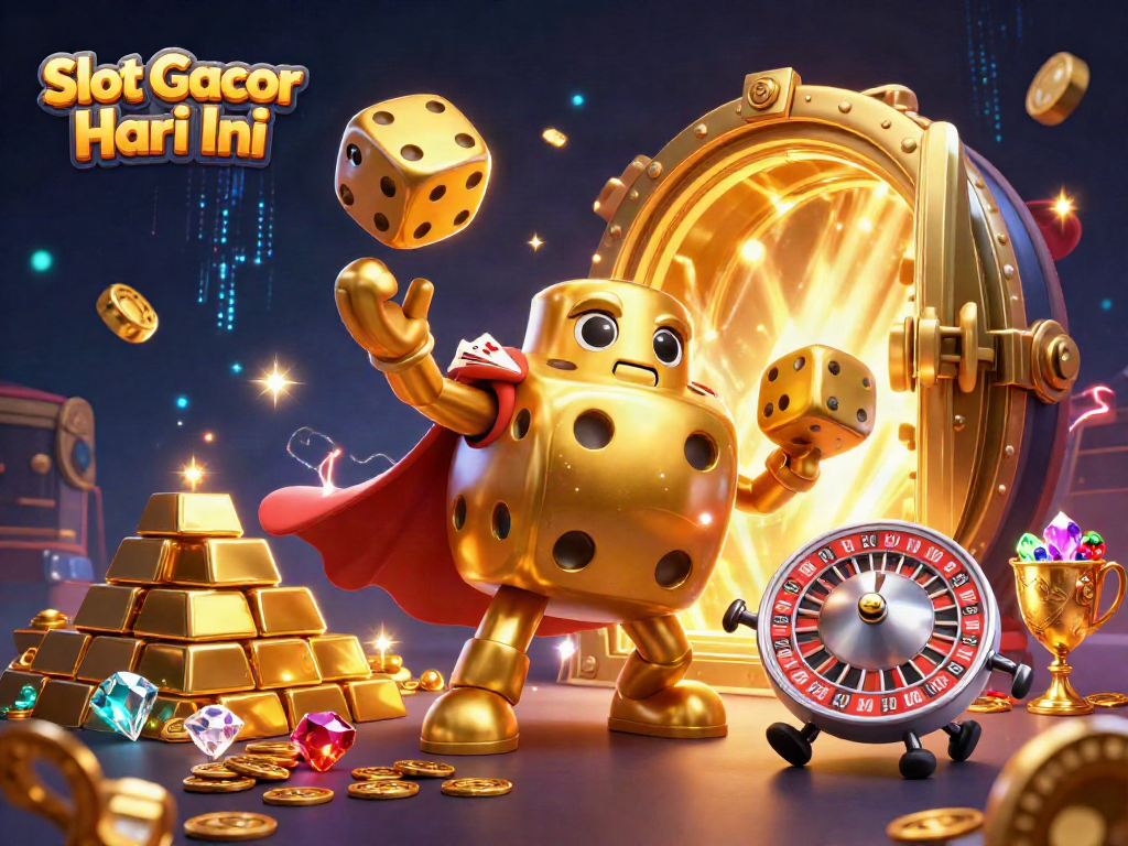 Putaran Slot Gacor Hari Ini dengan dadu emas dan harta berkilau untuk kesenangan penjudi.