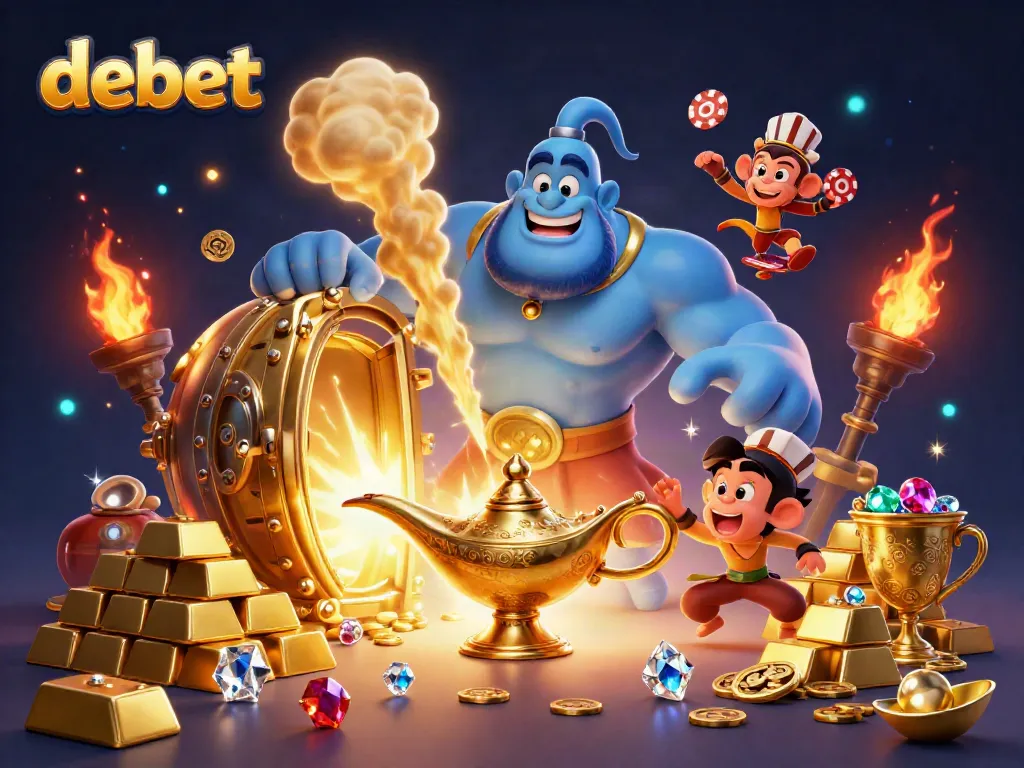 Experience the thrill of debet with a 3D illustration of a genie, poker chips, and treasure.