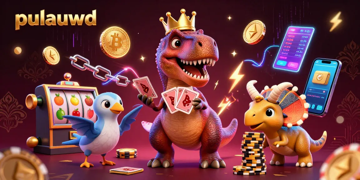 Join the fun at pulauwd with a delightful cartoon T-Rex challenging the cards while crypto elements light up the casino scene.