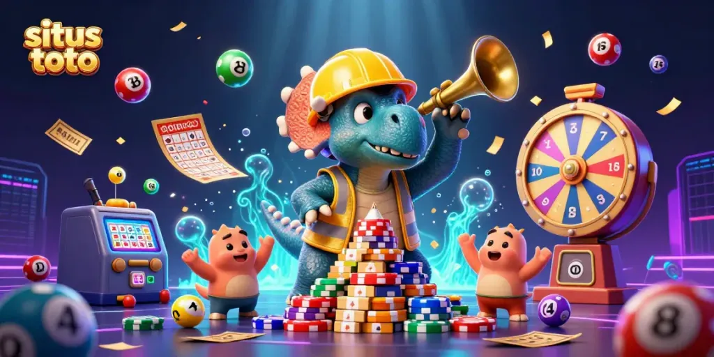 Celebrate wins with situs toto in a vibrant 3D casino scene featuring various gaming elements.