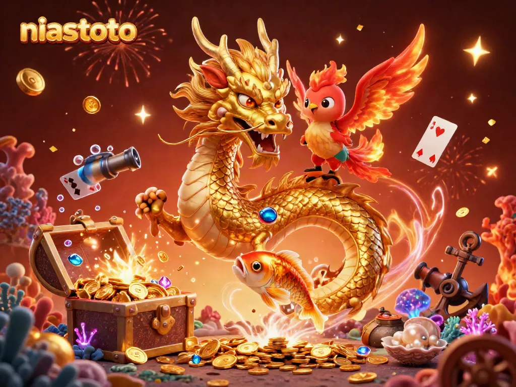 Unleash your luck with niastoto as the fierce dragon and phoenix soar through a treasure-filled spectacle.