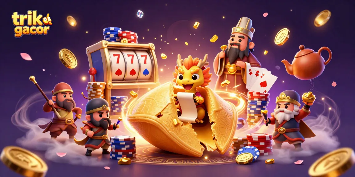 Win big with trik slot gacor techniques featuring a golden fortune cookie and 3D slot machine reels.