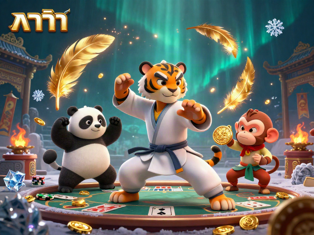 Engage in baccarat with a kung fu tiger master demonstrating strategy amidst golden tokens and vibrant effects.