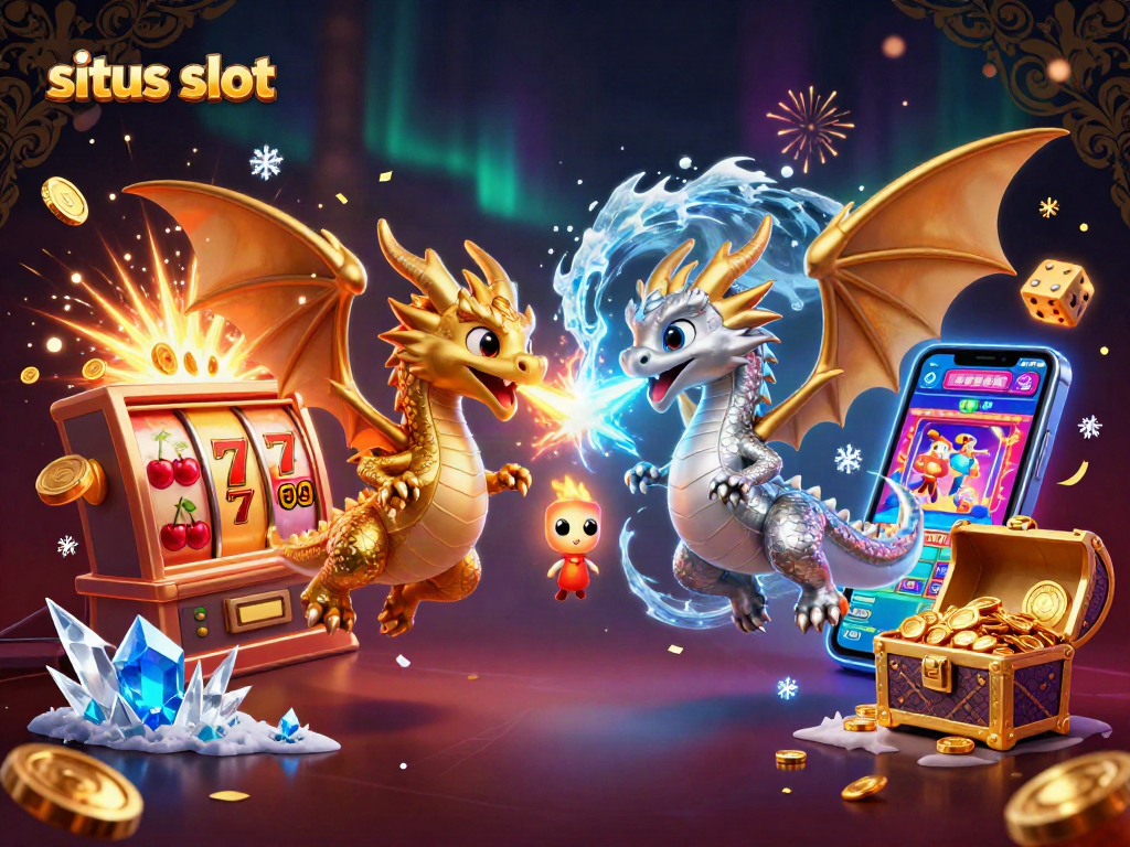 Memainkan situs slot dengan tema naga ilustrasi 3D, menampilkan jackpot meledak di latar belakang.