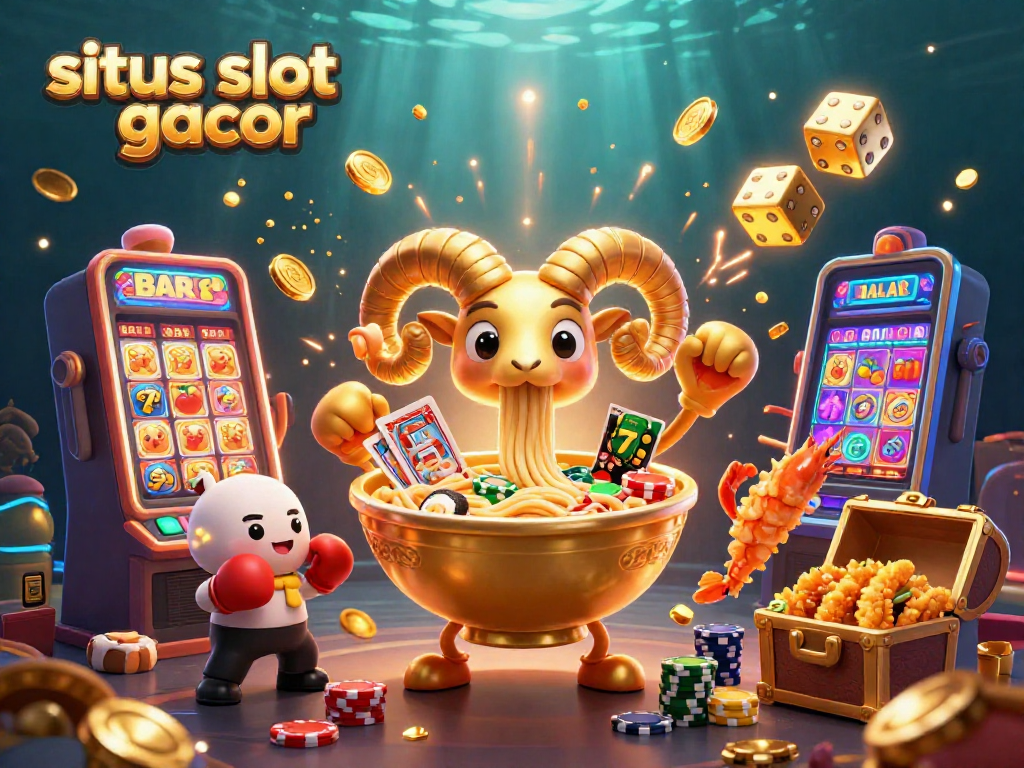 Engage with situs slot gacor through a vibrant illustration, featuring joyful characters in a dynamic casino scene.