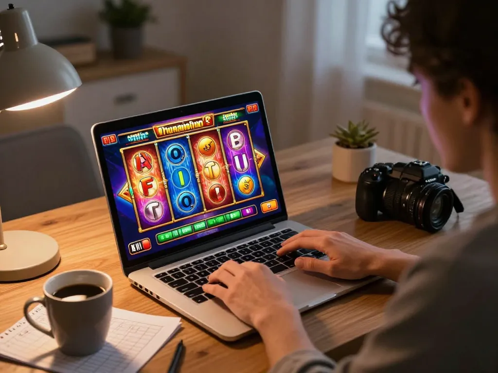 Player enjoying an exciting slot pulsa game on a laptop at home, showcasing strategy and focus.