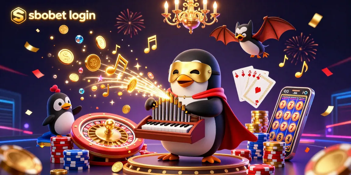 Experience sbobet login as a penguin plays organ, golden coins fly in a vibrant casino setting.