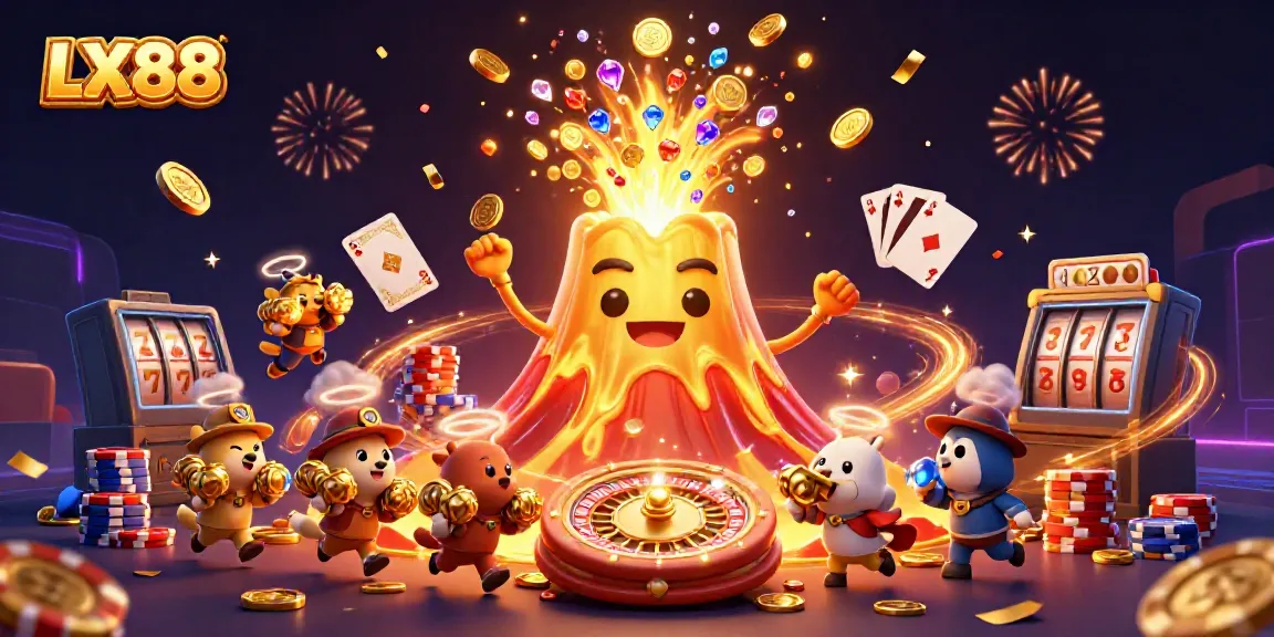 Experience the exciting world of LX88 with a vibrant 3D cartoon image of a golden volcano erupting treasures and gaming elements.