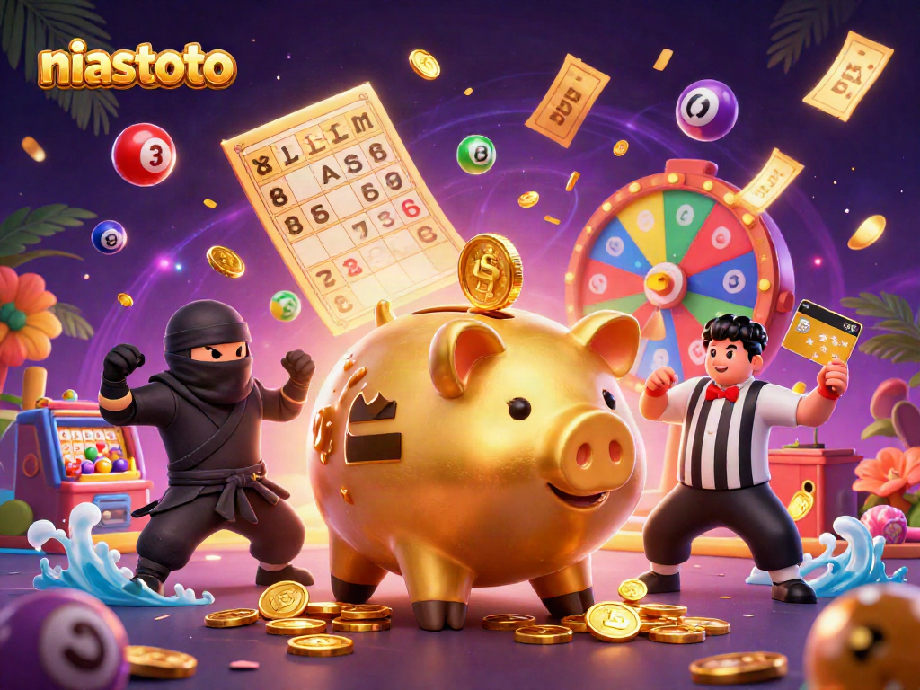 Experience the fun on niastoto with a lively digital scene featuring golden piggy bank sumo wrestlers and dynamic lottery elements.