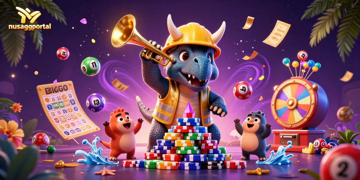 Join the excitement at nusaggportal with a triceratops building poker chip pyramids amidst colorful gaming elements.